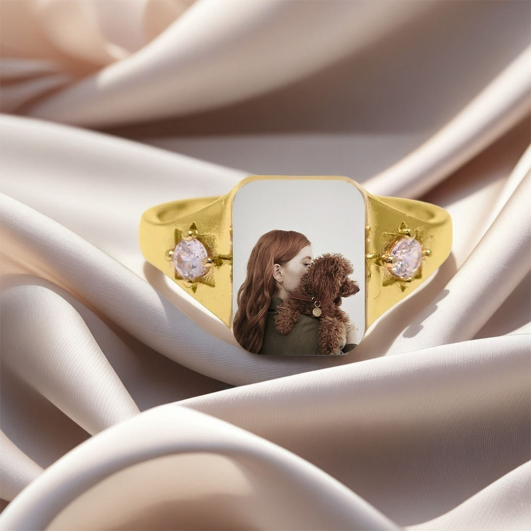 "Angel's Companion" Pet Portrait & Birthstone Personalized Memorial Ring