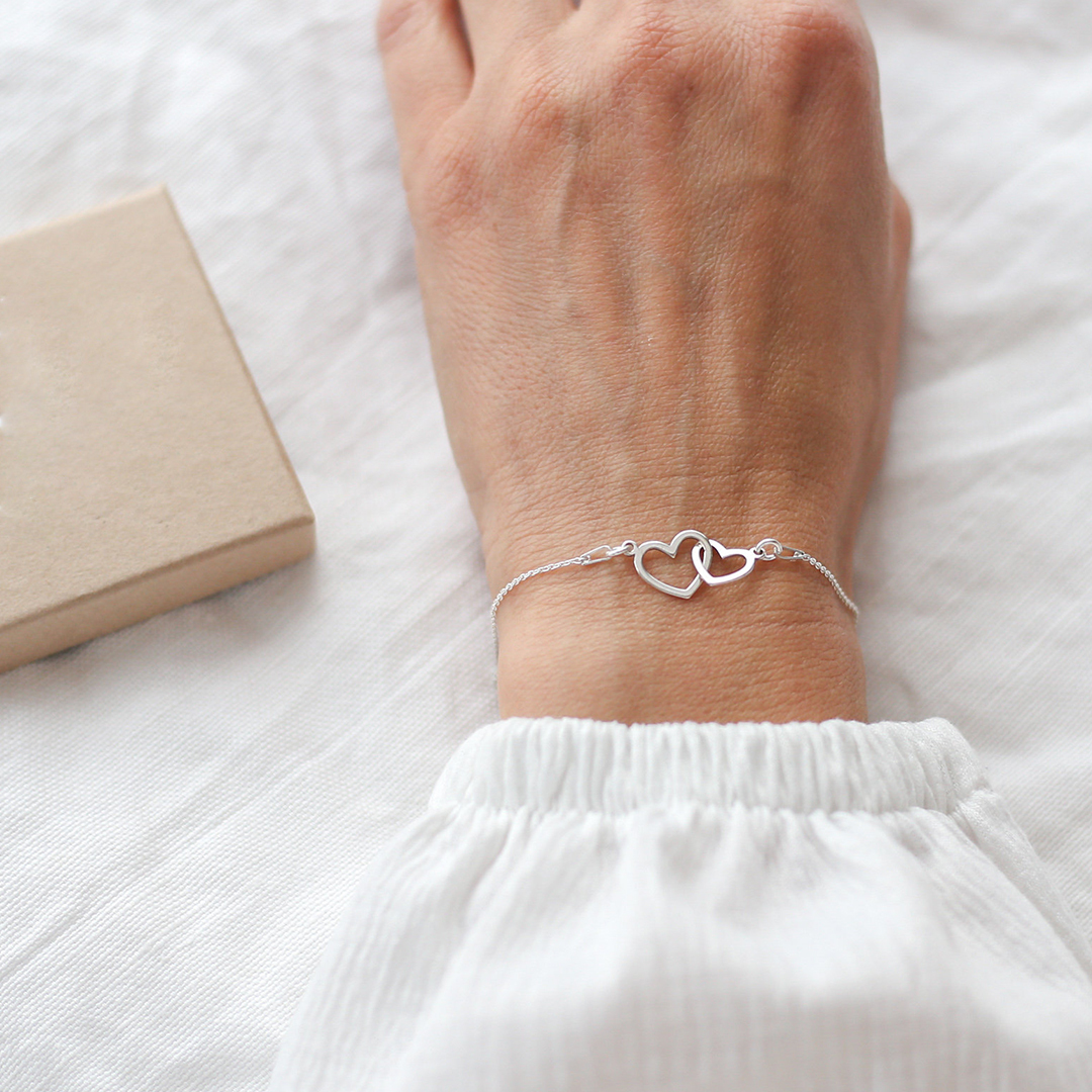 S925 Mother and Daughter Glossy Large Heart Linked Bracelet