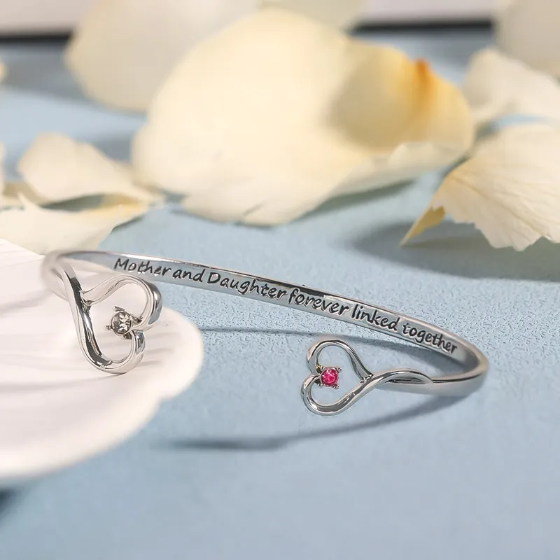 Mother And Daughter Forever Link Double Heart Custom Birthstone Bracelet