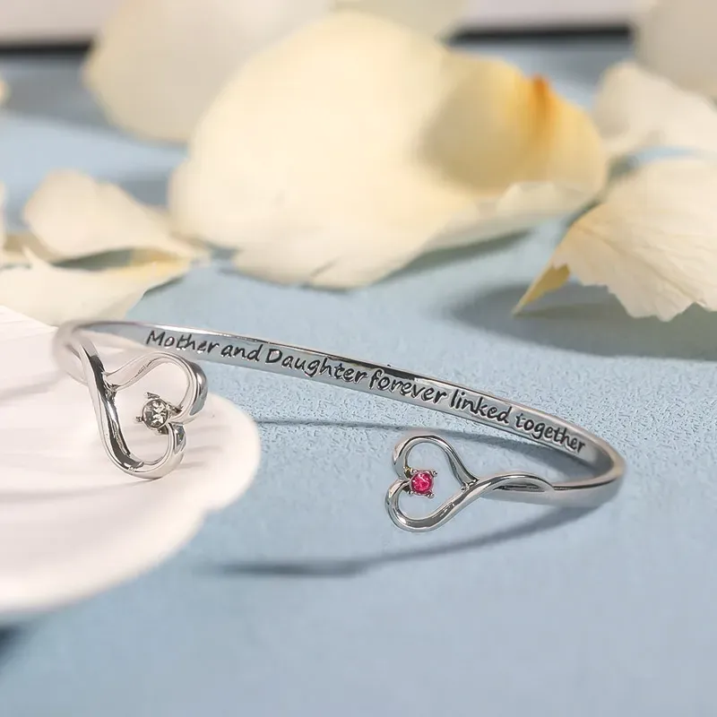 Mother And Daughter Forever Link Double Heart Custom Birthstone Bracelet