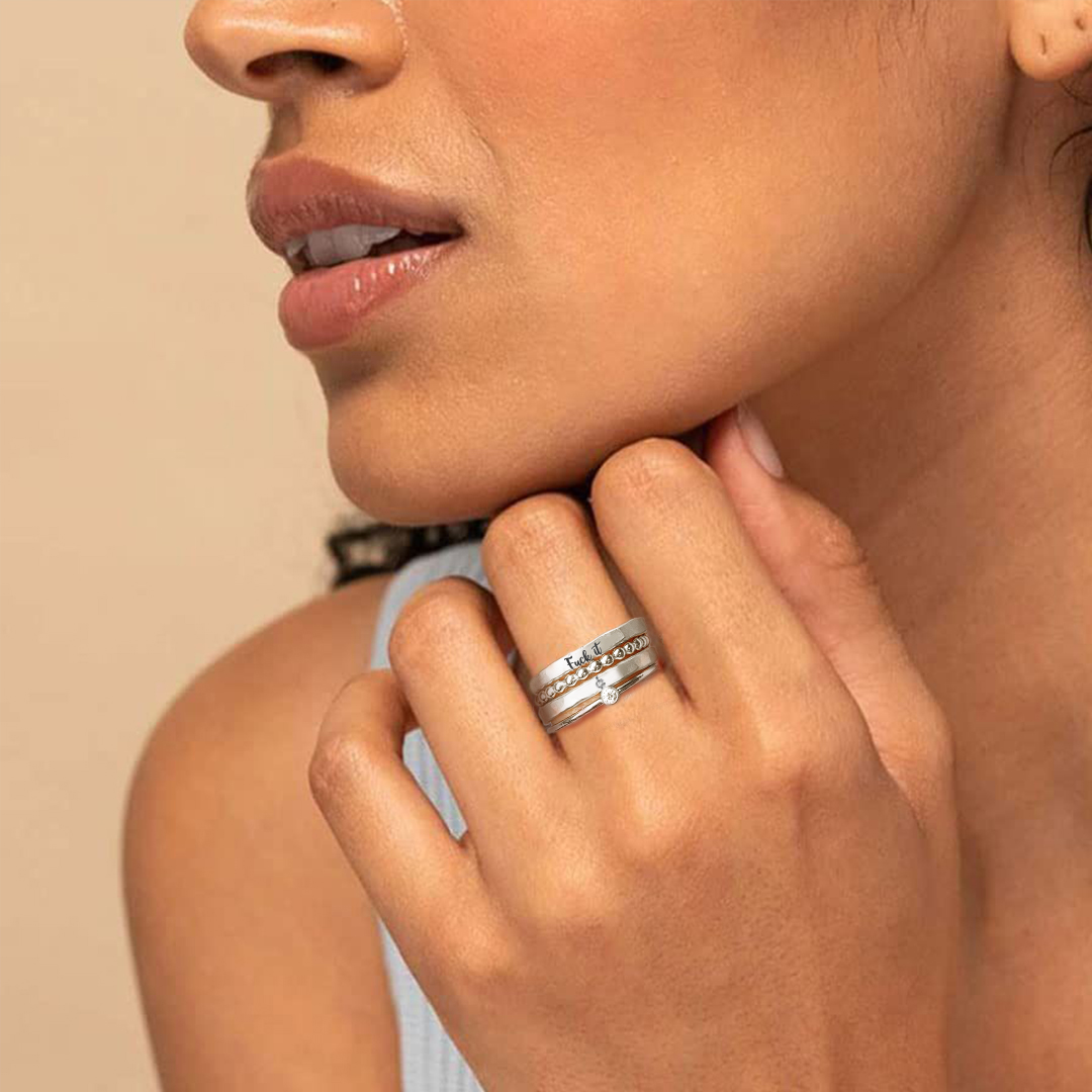 S925 Fuck It Stacked Ring - 4 Rings Set
