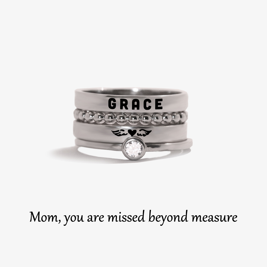 For Memorial - To My Mother In Heaven Heart Wings Stacked Custom Ring