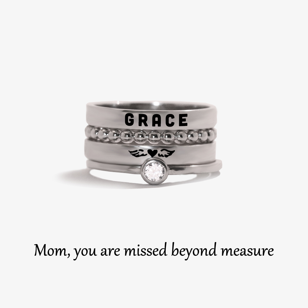 For Memorial - To My Mother In Heaven Heart Wings Stacked Custom Ring