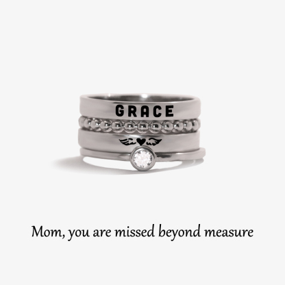 For Memorial - To My Mother In Heaven Heart Wings Stacked Custom Ring