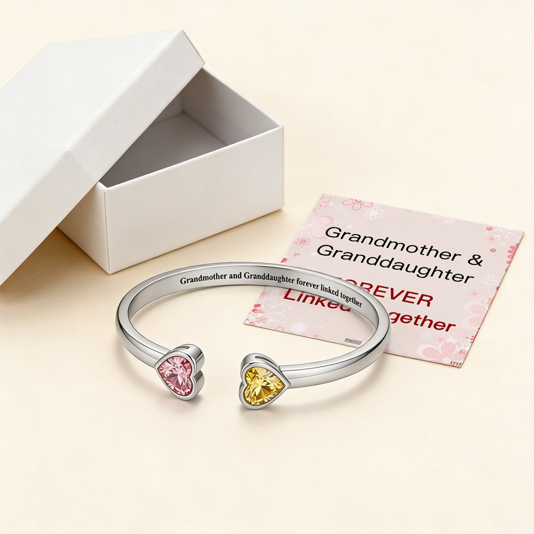 Grandmother & Granddaughter forever linked together Double Heart Birthstone Bracelet
