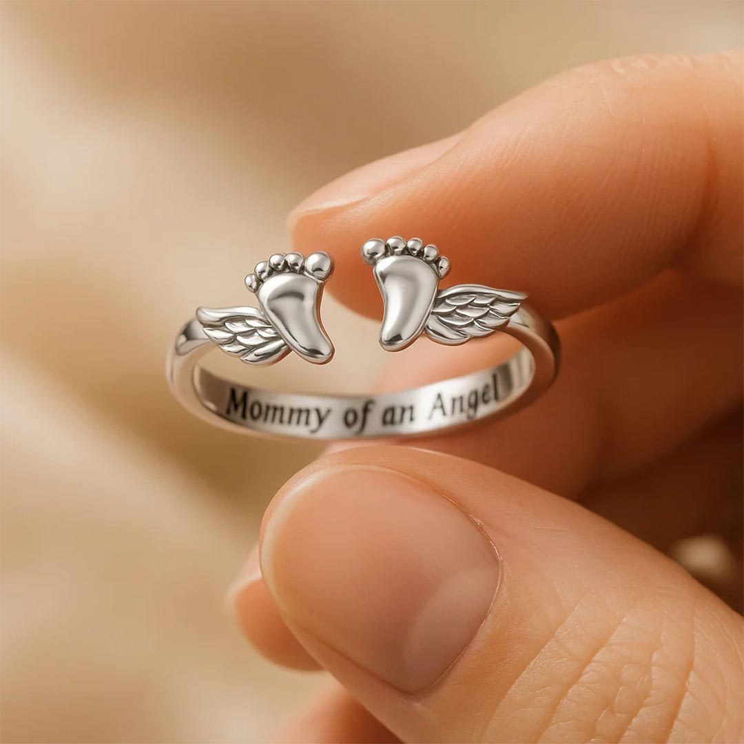 Mommy of an Angel-Open Adjustable Paw&Wing Engraved Ring