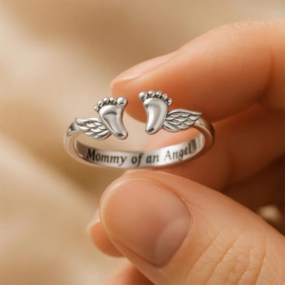 Mommy of an Angel-Open Adjustable Paw&Wing Engraved Ring