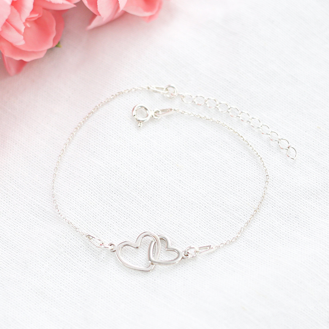 S925 Mother and Daughter Glossy Large Heart Linked Bracelet