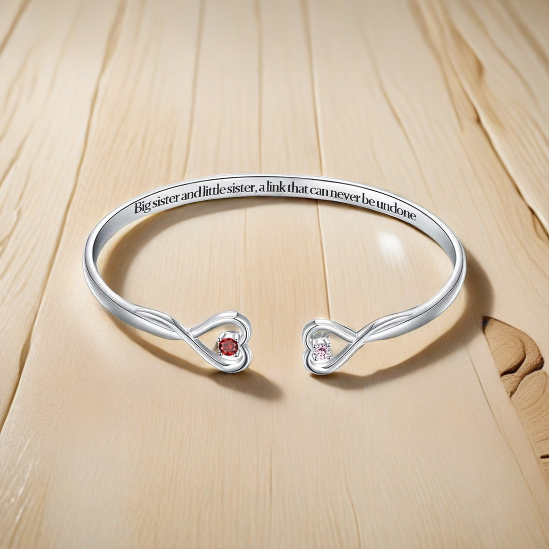 For Friend - Big Sis & Little Sis Double Hearts Custom Birthstones Bracelets