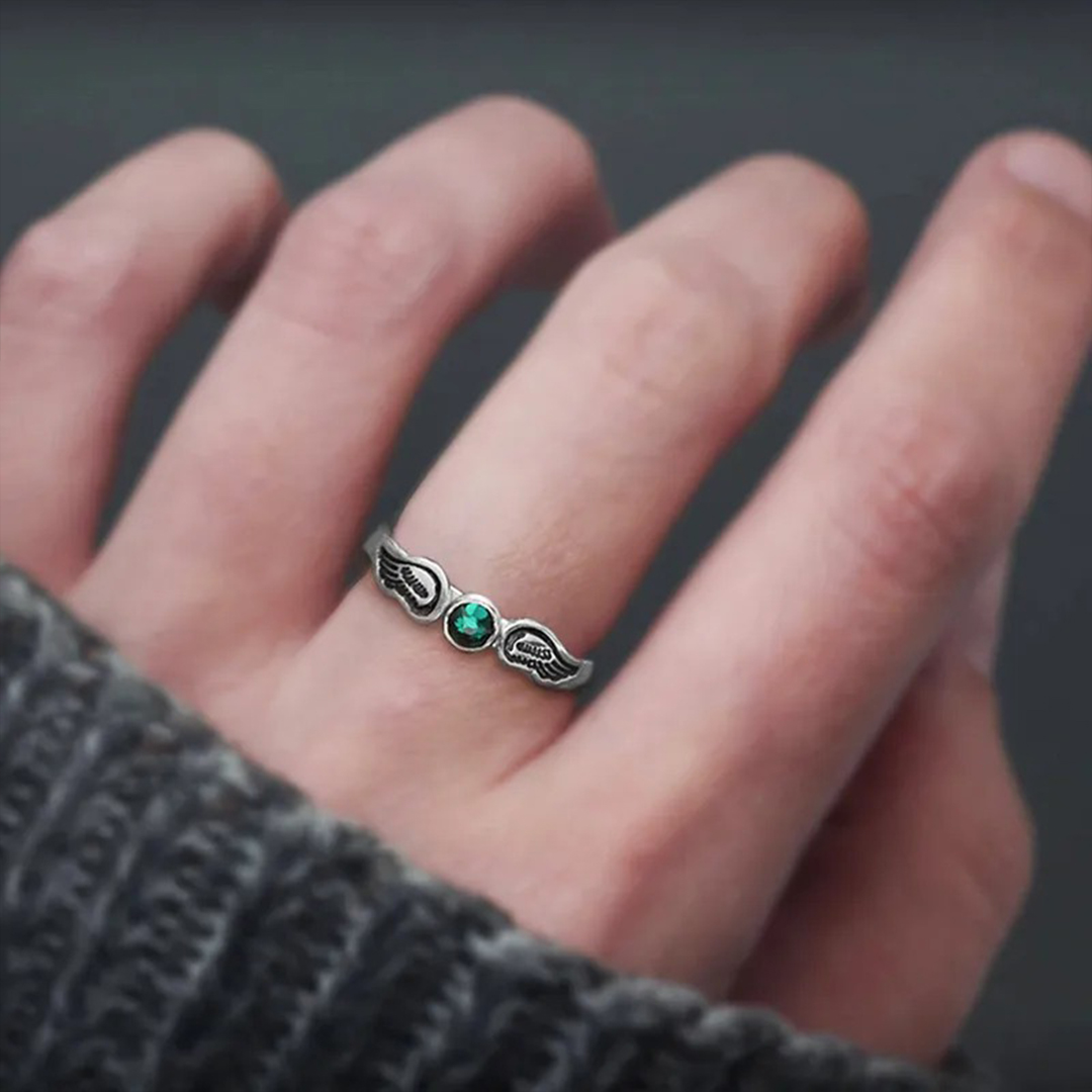 For Memorial - Custom husband Name & Birthstone Angel Wing Ring