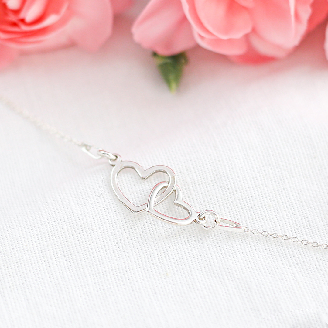 S925 Mother and Daughter Glossy Large Heart Linked Bracelet