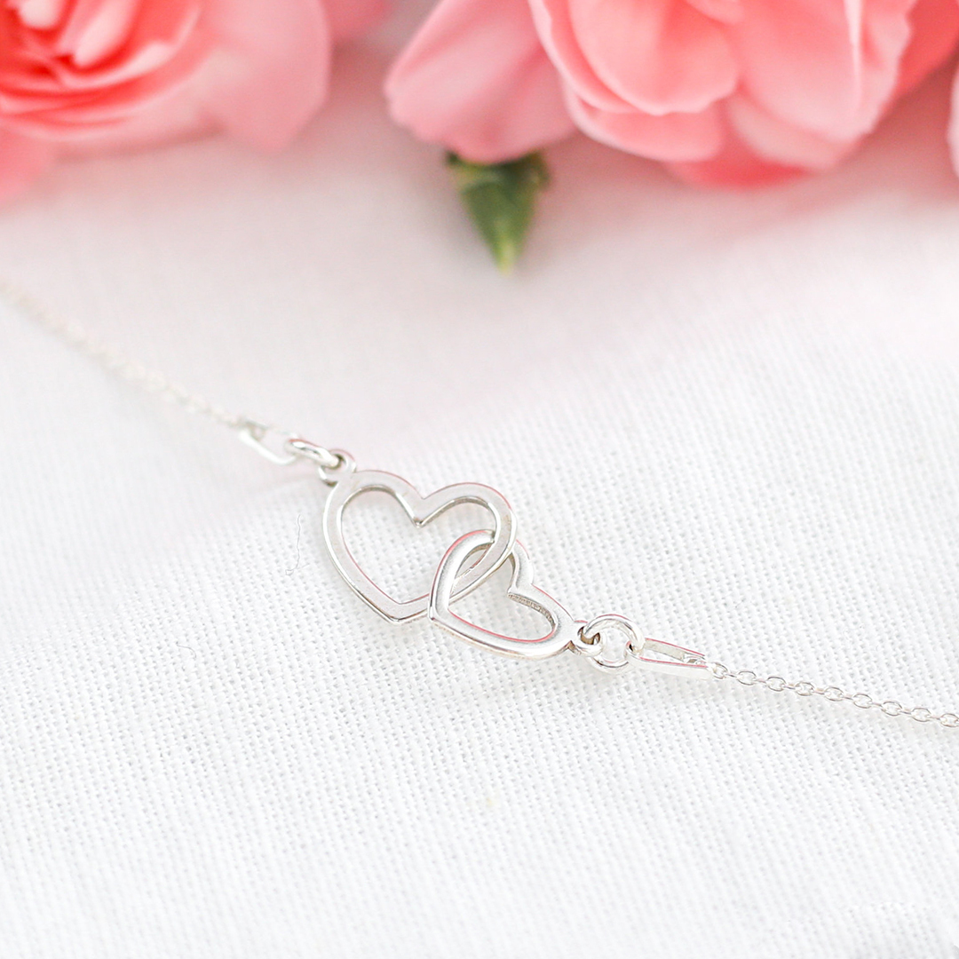 S925 Mother and Daughter Glossy Large Heart Linked Bracelet