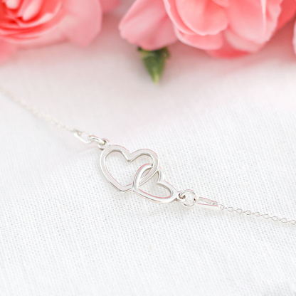 S925 Mother and Daughter Glossy Large Heart Linked Bracelet