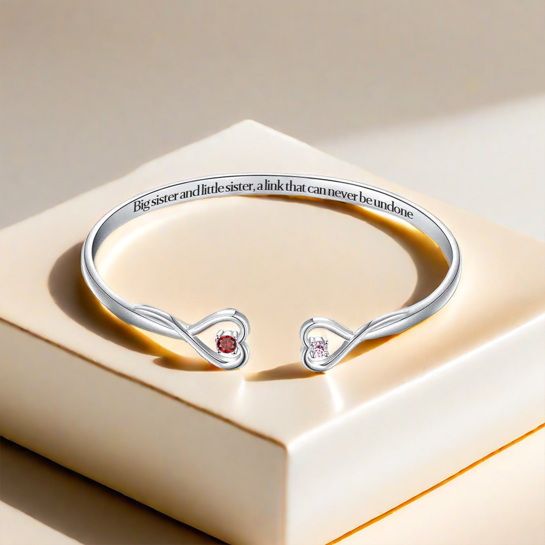 For Friend - Big Sis & Little Sis Double Hearts Custom Birthstones Bracelets