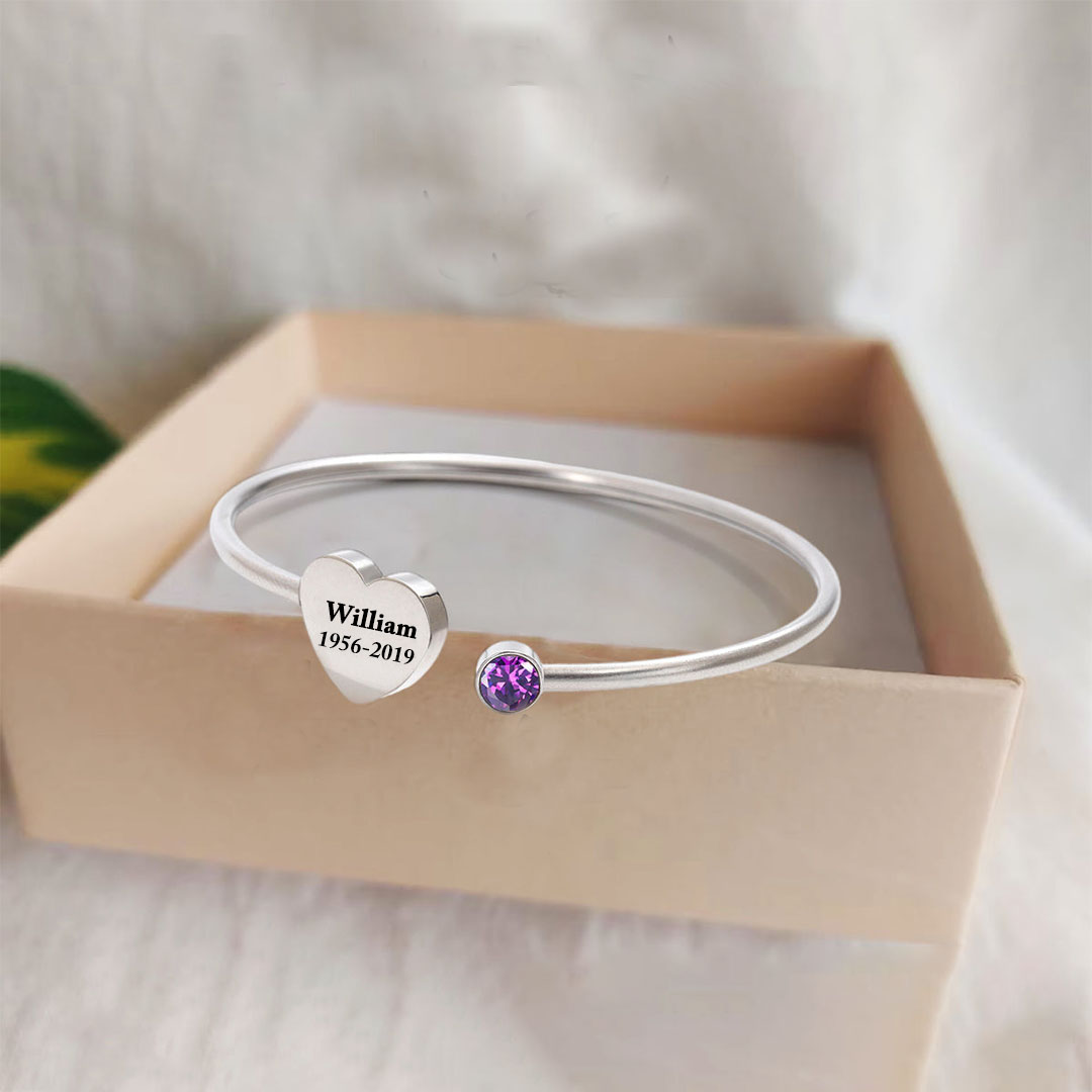 Personalized Custom Memorial Text Heart Birthstone Bracelet