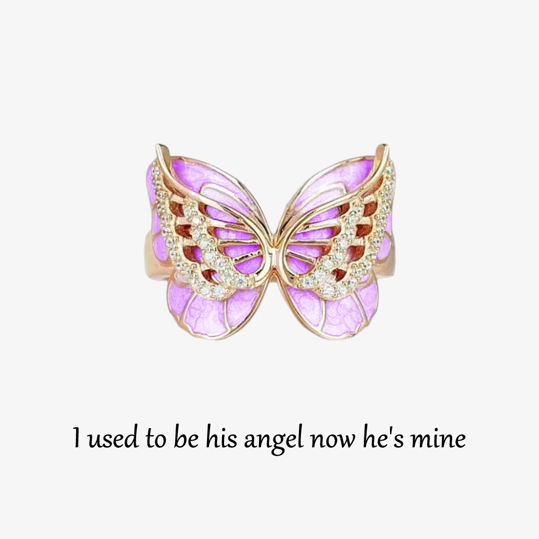 For Memorial - I Used To Be His Angel Now He's Mine Diamond Double Butterfly Ring