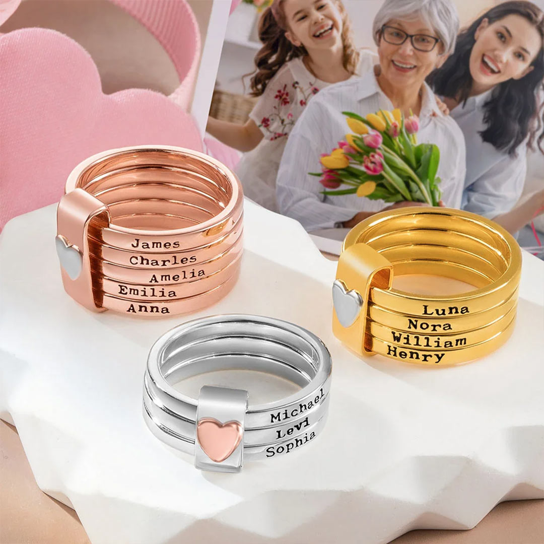 Personalized Heart Women Stacking Rings with Engraved 2-5 Names