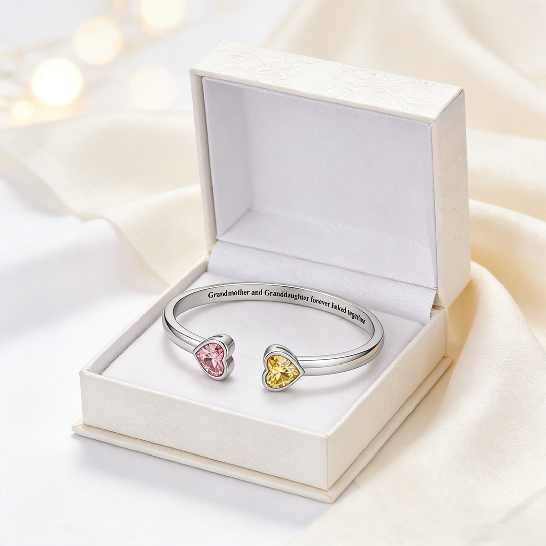 Grandmother & Granddaughter forever linked together Double Heart Birthstone Bracelet