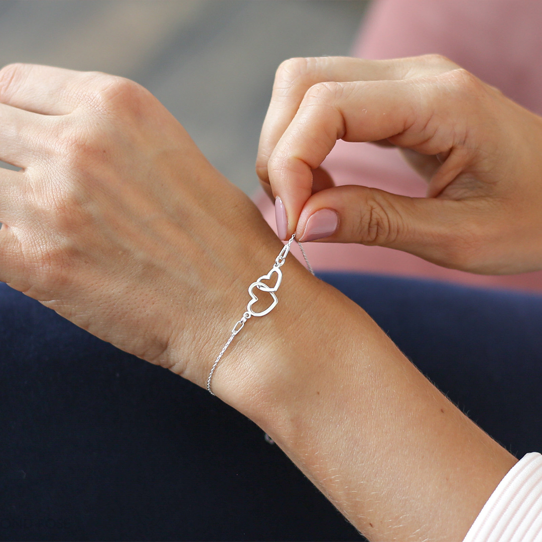 S925 Mother and Daughter Glossy Large Heart Linked Bracelet