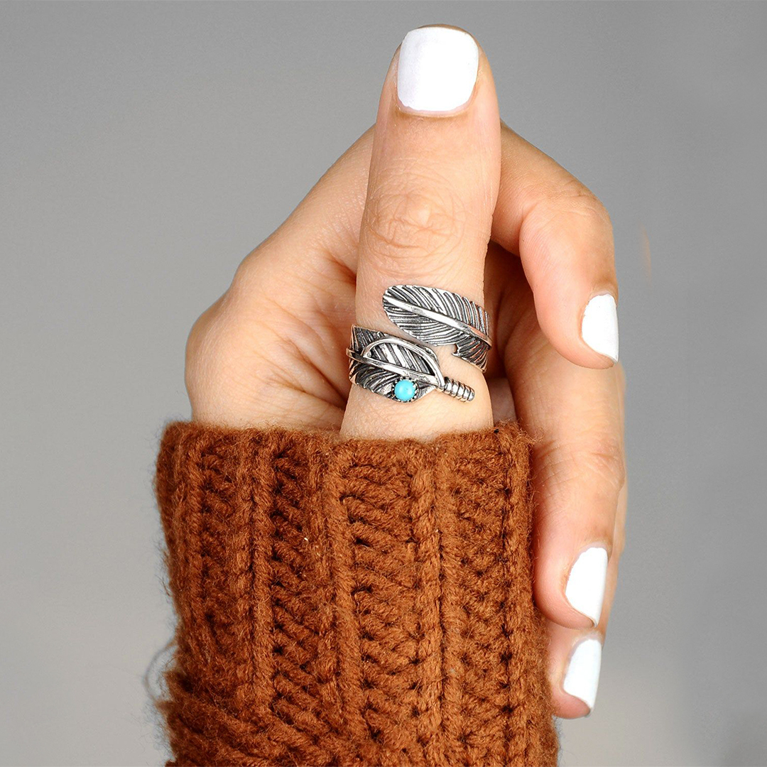 For Memorial- Always On My Mind Forever In My Heart Turquoise Feather Ring