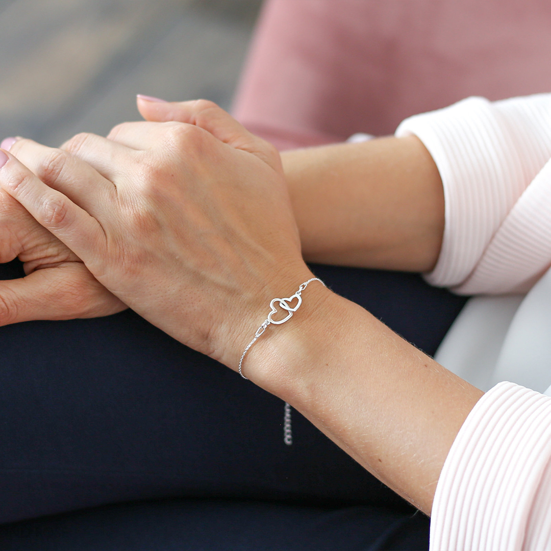 S925 Mother and Daughter Glossy Large Heart Linked Bracelet