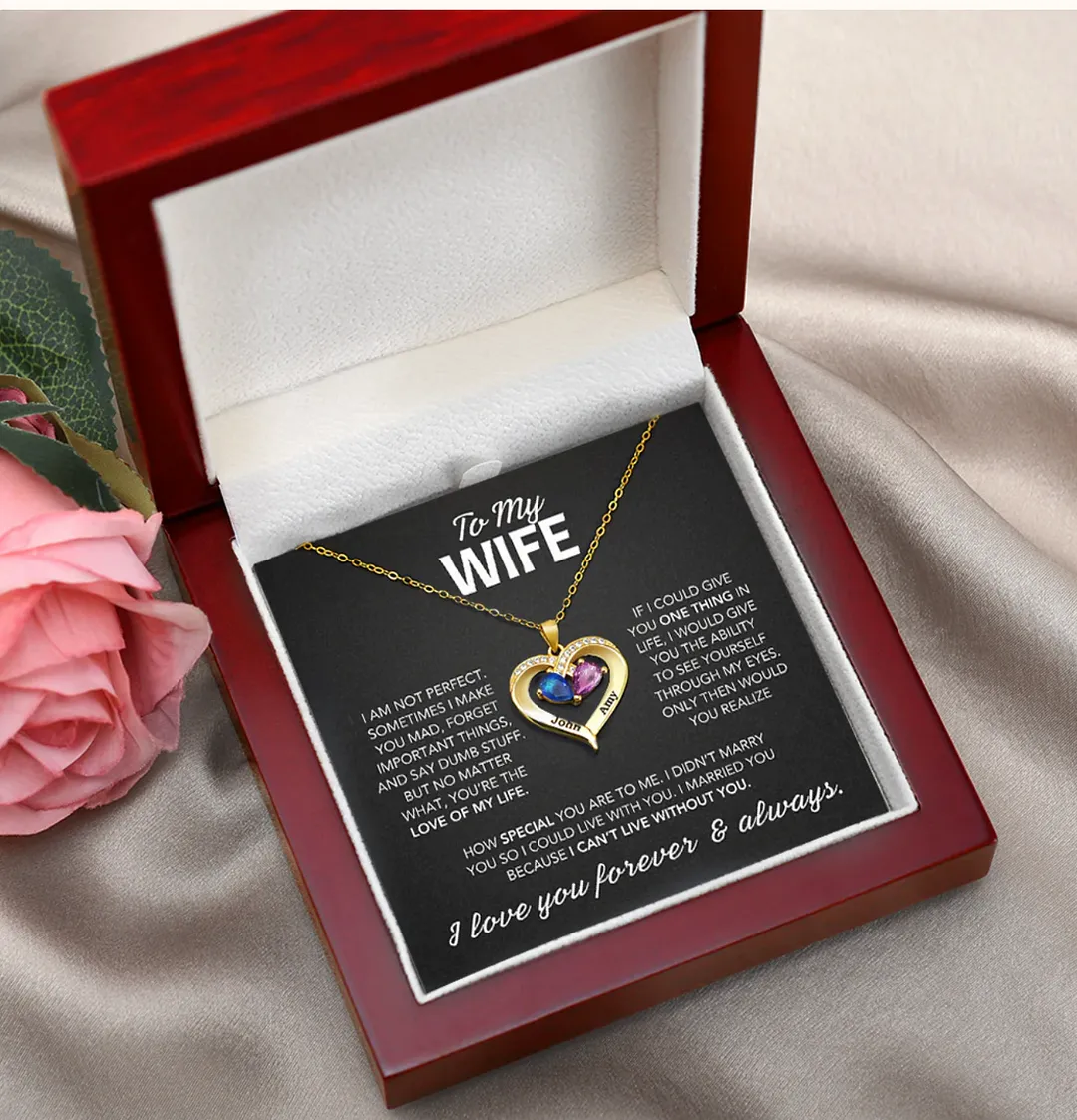 For Wife - I Love You Forever & Always Customized Double Birthstones & Names Necklace