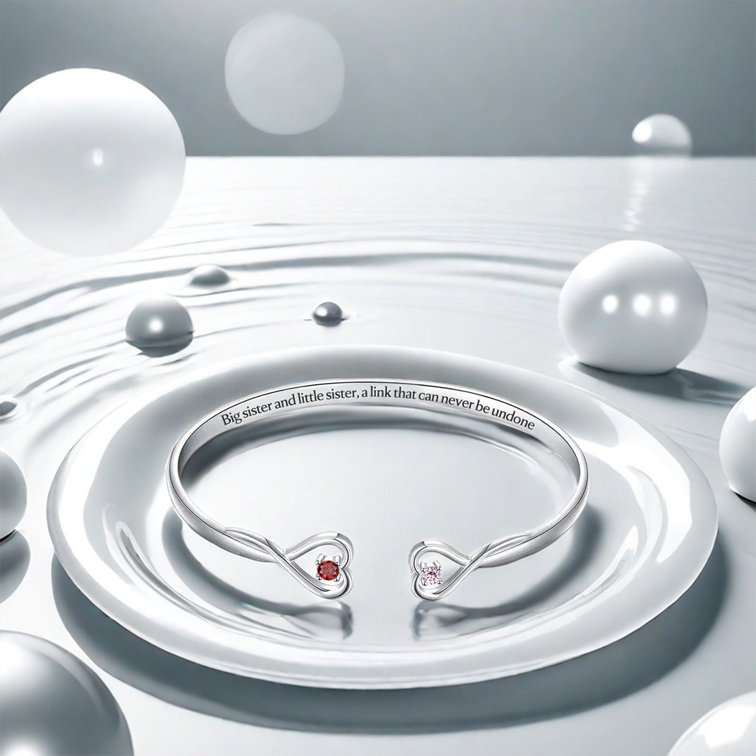 For Friend - Big Sis & Little Sis Double Hearts Custom Birthstones Bracelets