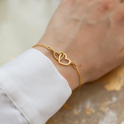 S925 Mother and Daughter Glossy Large Heart Linked Bracelet