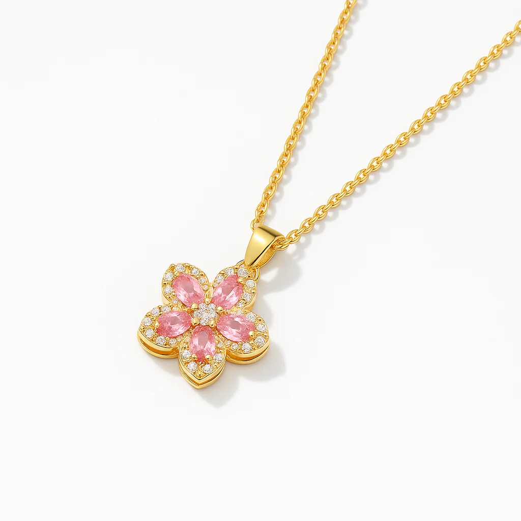 Gold Pavé Flower Rotating Pendant Necklace