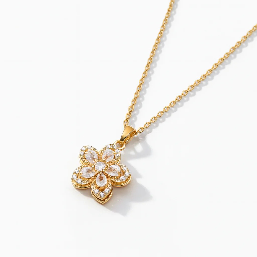 Gold Pavé Flower Rotating Pendant Necklace