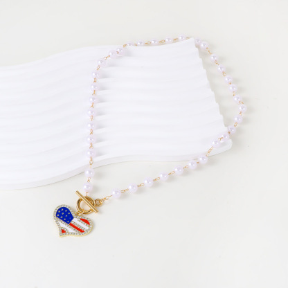US Flag Heart Pearl Necklace