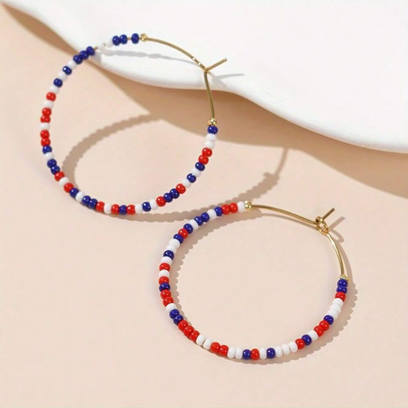 Red-Blue-White Beads Circle Earrings