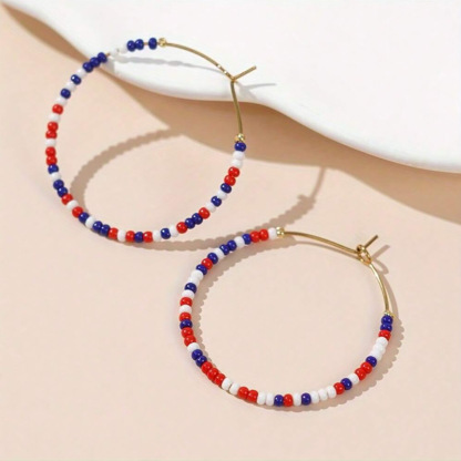 Red-Blue-White Beads Circle Earrings