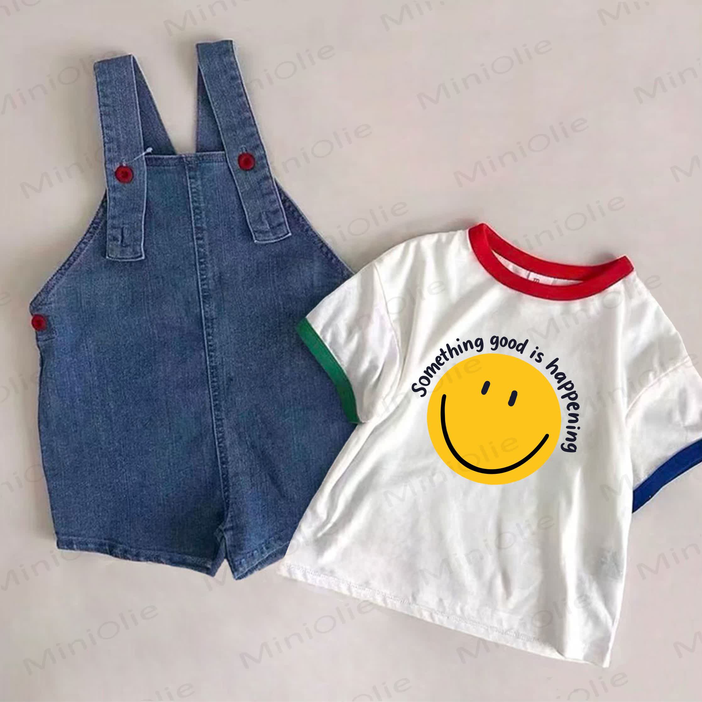 SOMETHING GOOD IS HAPPENING Baby Denim Blue Overalls and Smile Print White Tee 2-piece Set - White&Blue - 2-3T - image 1