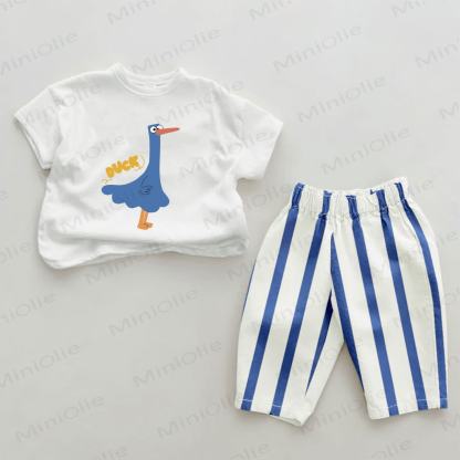 DUCK Baby Duck Print Blue Vertical Striped 2-piece Set - White&Blue - 2-3T - image 1