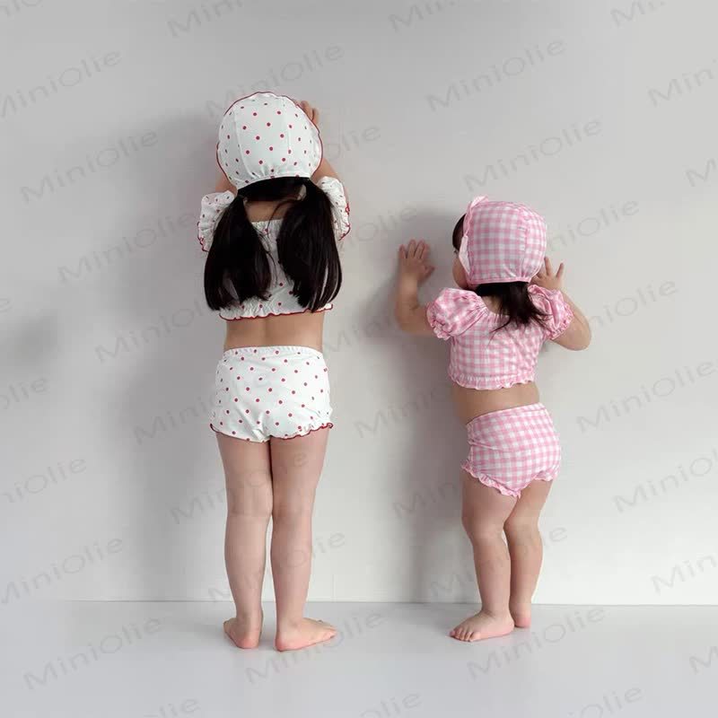 Baby Dot/Plaid Ruffle Swimsuit Set With Hat - image 6