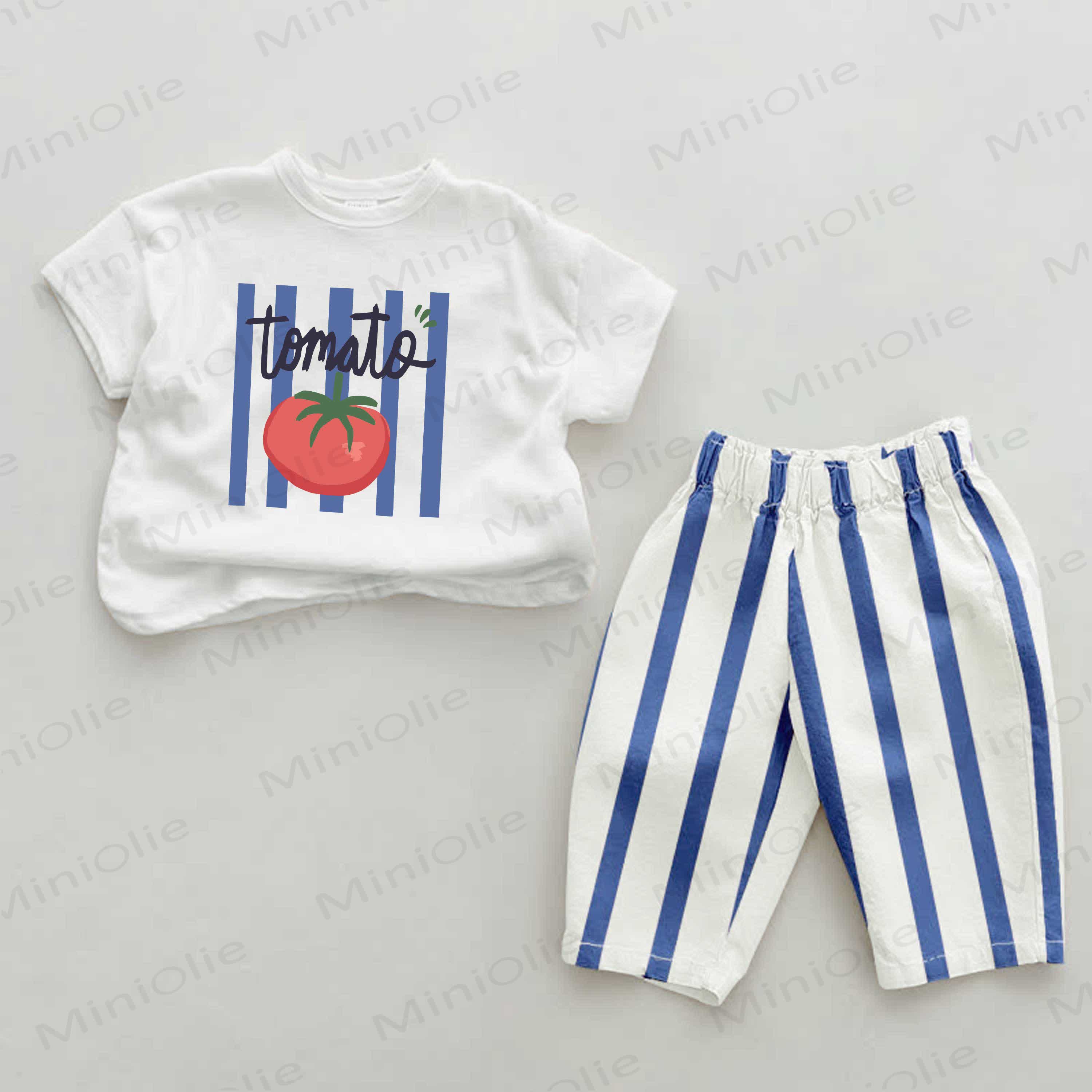 TOMATO Baby Tomato Print Blue Vertical Striped 2-piece Set - White&Blue - 2-3T - image 1