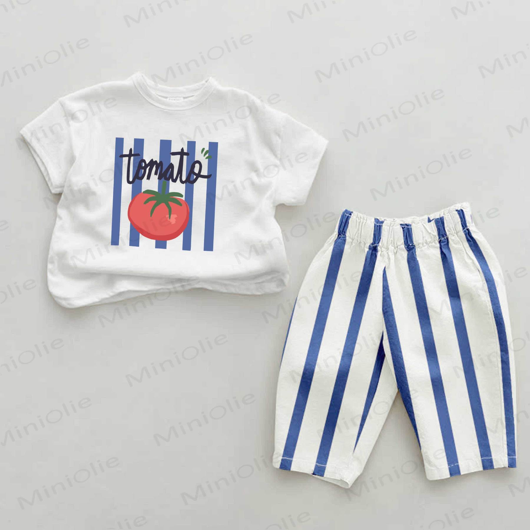 TOMATO Baby Tomato Print Blue Vertical Striped 2-piece Set - White&Blue - 2-3T - image 1