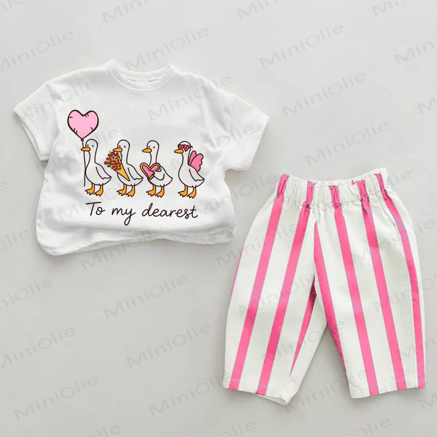 TO MY DEAREST Baby Ducks Print Pink Vertical Striped 2-piece Set - White&Pink - 2-3T - image 1