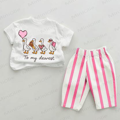 TO MY DEAREST Baby Ducks Print Pink Vertical Striped 2-piece Set - White&Pink - 2-3T - image 1