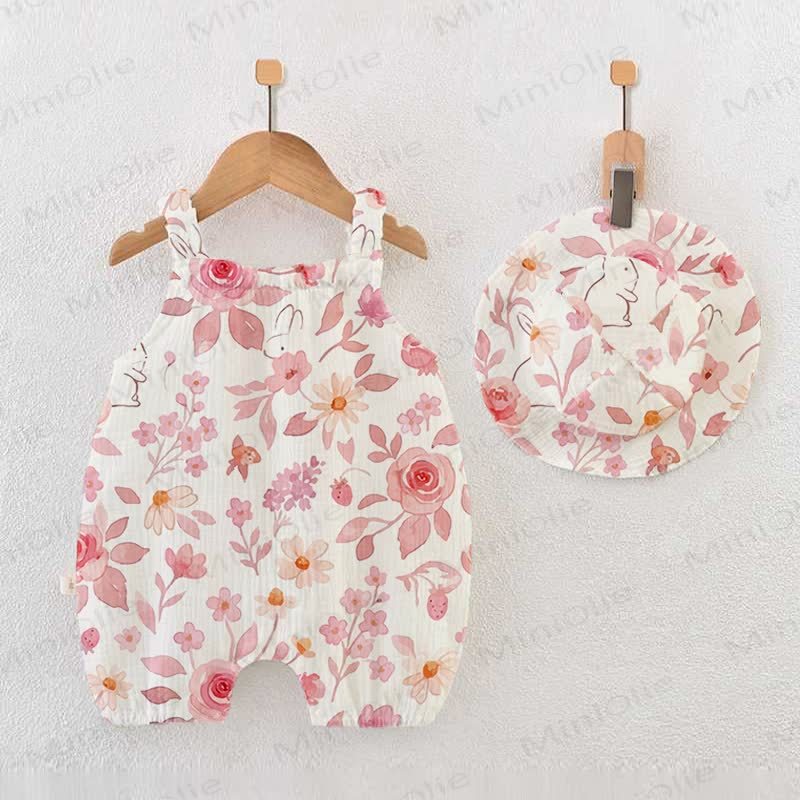 Baby Spring Rabbit and Flower Print Romper With Hat - White - 18-24M - image 1