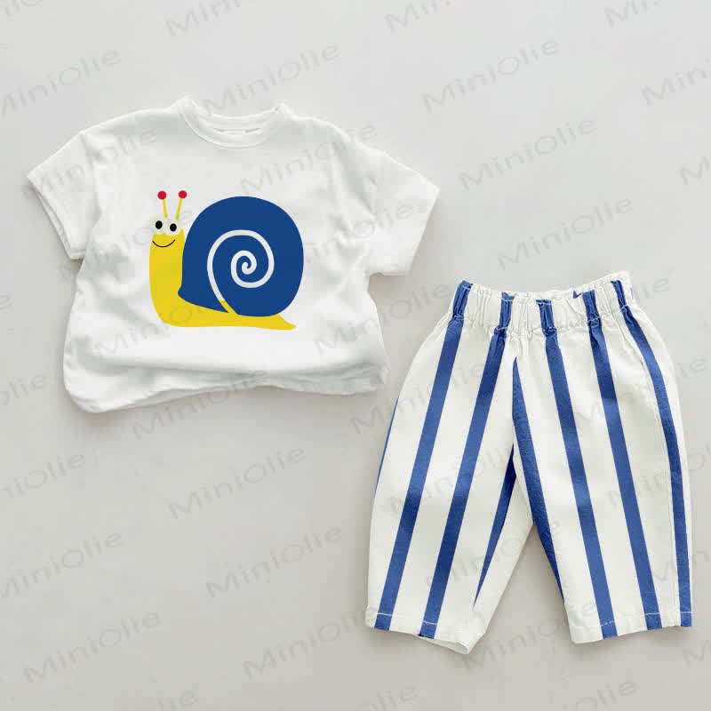 Baby Snail Print Blue Vertical Striped 2-piece Set - White&Blue - 2-3T - image 1
