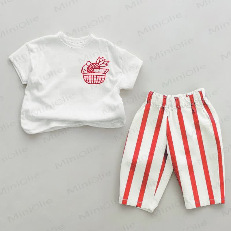 Baby Fruit Basket Red Striped Pants 2-piece Set - White&Red - 2-3T - image 1