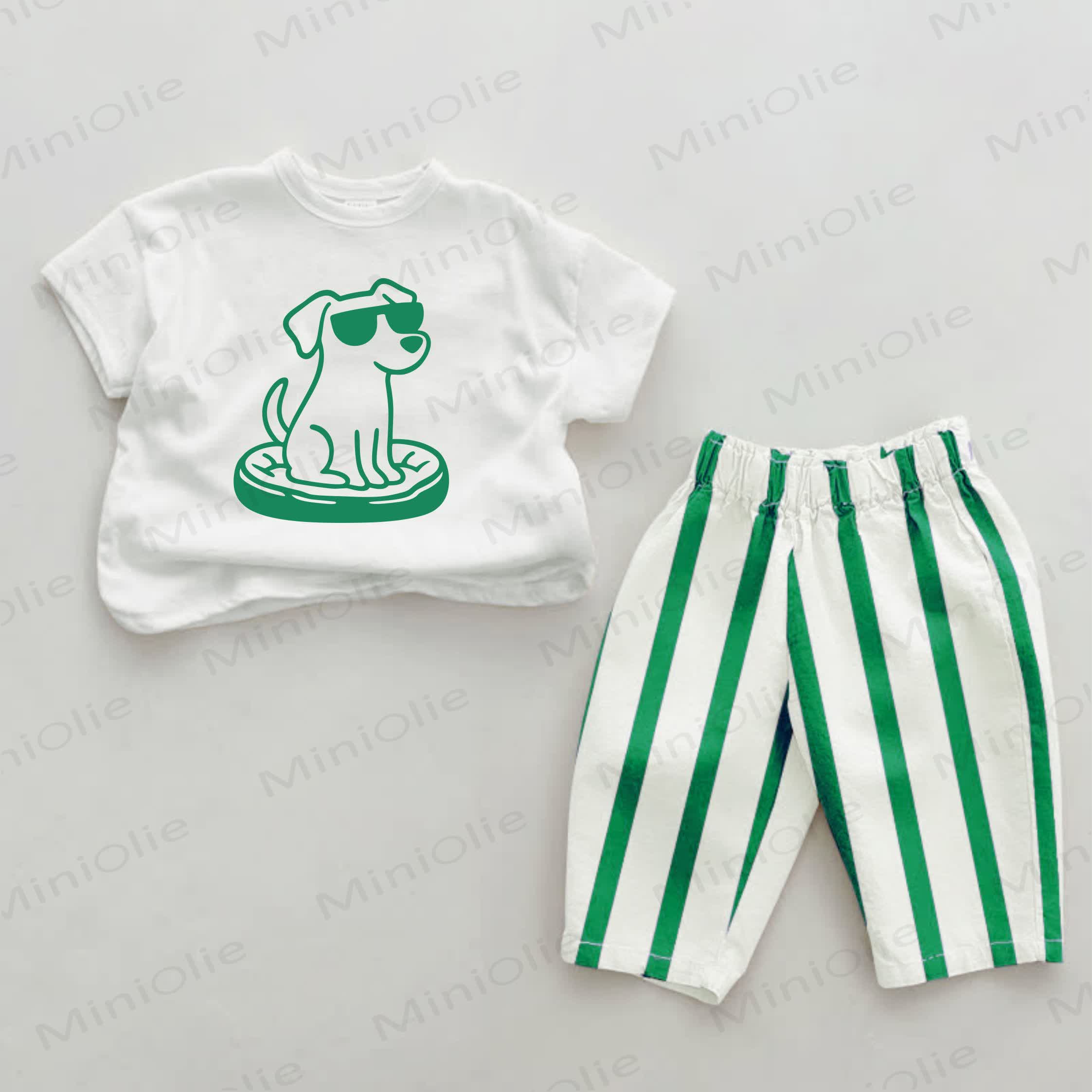Baby Green Sunglasses Dog Print Vertical Striped 2-piece Set - White&Green - 2-3T - image 1