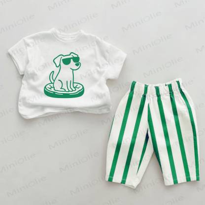 Baby Green Sunglasses Dog Print Vertical Striped 2-piece Set - White&Green - 2-3T - image 1