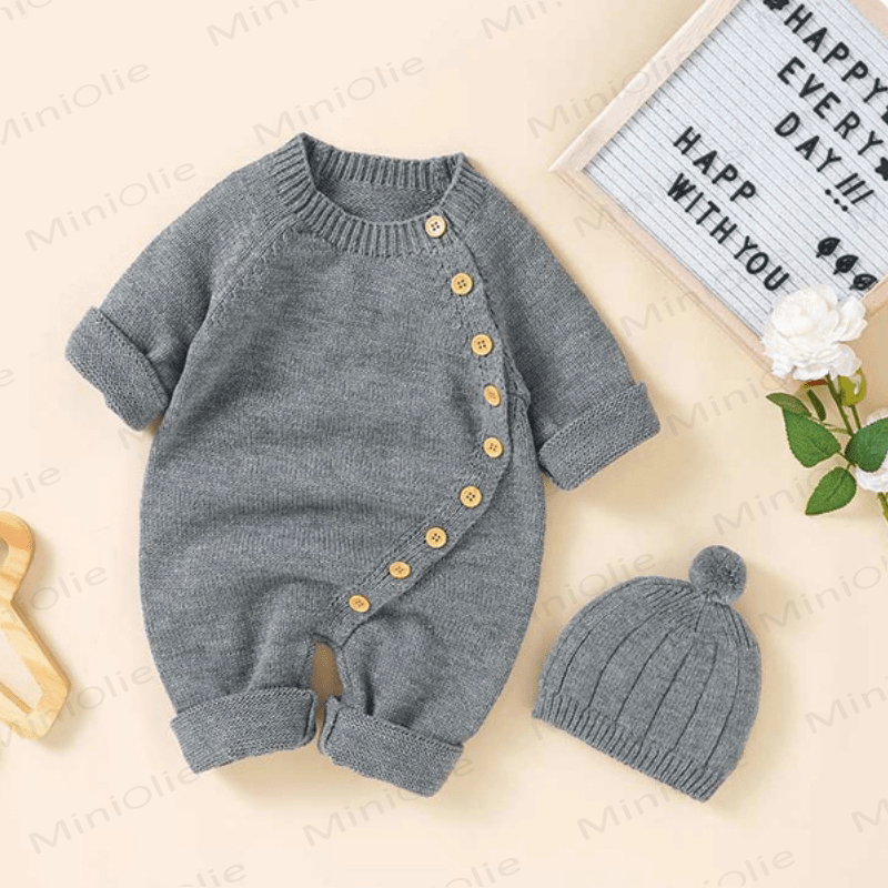Baby Solid Color Knit Romper with Hat - Grey - 12-18M - image 17