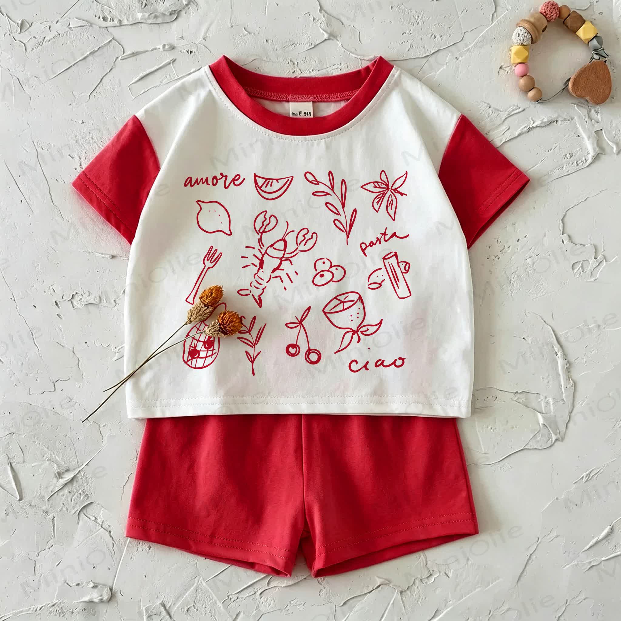 AMORE PASTA CIAO Baby Red Ice Cream Print T-shirt and Shorts 2-Piece Set - White&Red - 2-3T - image 1