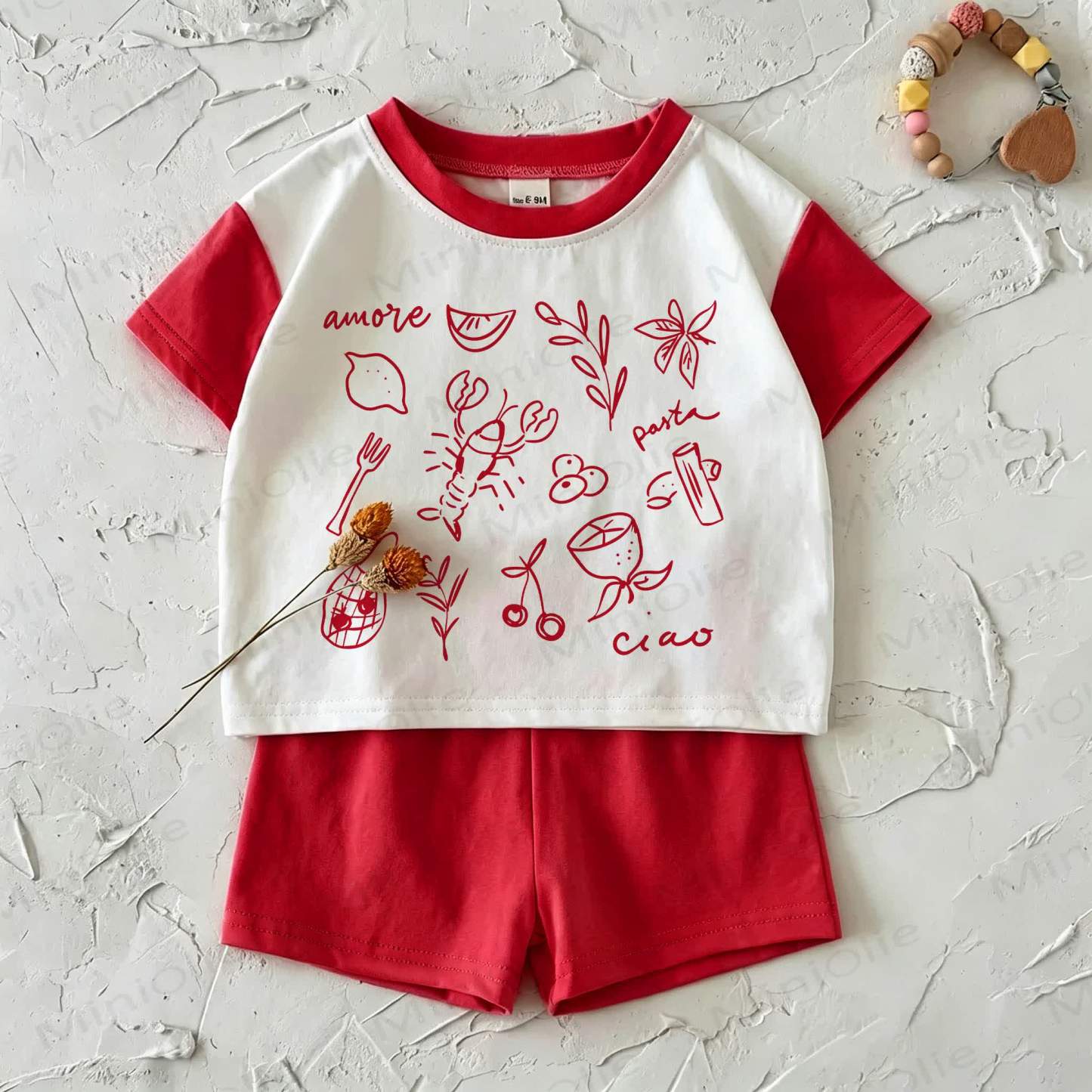 AMORE PASTA CIAO Baby Red Ice Cream Print T-shirt and Shorts 2-Piece Set - White&Red - 2-3T - image 1