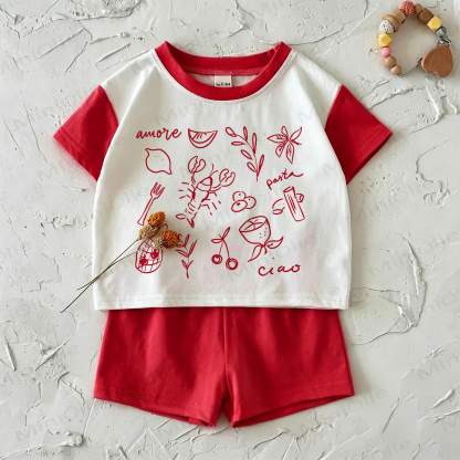 AMORE PASTA CIAO Baby Red Ice Cream Print T-shirt and Shorts 2-Piece Set - White&Red - 2-3T - image 1