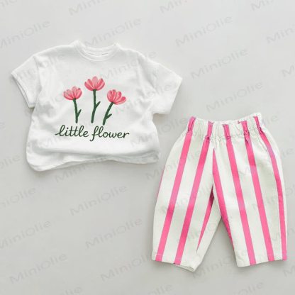 LITTLE FLOWER Baby Pink Flower Print Pink Vertical Striped 2-piece Set - White&Pink - 2-3T - image 1